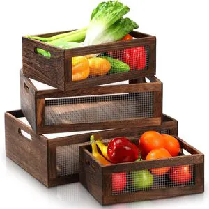 Stackable Wooden Vegetable Storage Crates With Mesh Front Nesting Countertop Baskets Kitchen Pantry Organizer