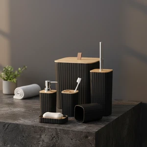 6-Piece Modern Black Plastic Bamboo Eco-Friendly Bathroom Vanity Decor Accessories Set By Moozi