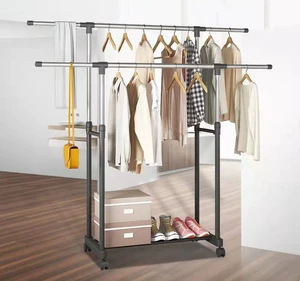 Clothes Hanger Rolling Coat Rack Double Pole Hanger Storage Clothing Drying Racks Standing Trolley Coat Rack