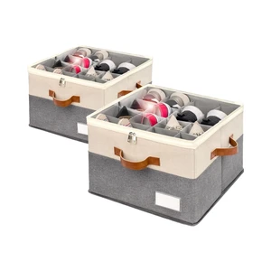 Beige 2-Pack Foldable Closet Shoe Organizer Space-Saving Clear Cover Storage Bins 4 Handles Large Adjustable Shoe Box Containers
