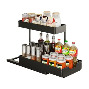 2-Tier Sliding Cabinet Organizer Double Under-Sink Kitchen Basket Pull-Out Drawers Standing Type with Plastic Material