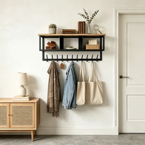 Industrial Modern Wall Mounted Coat Rack 10 Hooks 3 Cubbies Metal Entryway Shelf Wood Top Storage Organizer Bedroom Living Room