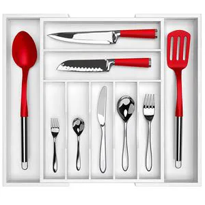 Bamboo Drawer Organizer with Grooved Drawer Dividers for Flatware and Kitchen Utensils White Color