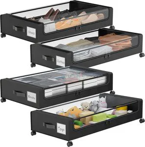 Under Bed Storage with Wheels, Under Bed Storage Containers with Clear Lids, Rolling Under Bed Drawer Storage