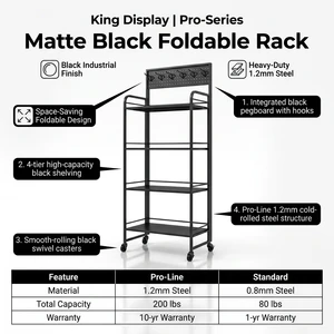 2026 Trending Heavy Duty Metal Matte Black Foldable Rack Pegboard 4-Tier Space-saving Modular Retail Display Stand Factory