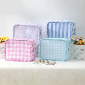 Cute Ruffled Edge Gingham & Stripe Pattern Travel Toilet Bag | T400 Polyester Makeup Organizer | Portable Cosmetic Pouch