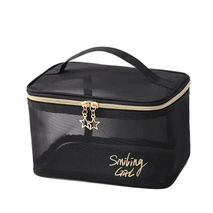 Large Capacity Storage Makeup case Custom logo Professional Portable Handle Mesh Cosmetic Bag for Women Travel