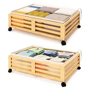 Bamboo Standing Type Underbed Storage Containers Organizer with Wheels Rolling Bed Drawer Clothes Blankets Eco-Friendly