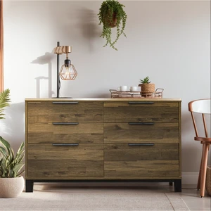 European Design 6-Drawer Dresser Particleboard Metal Storage Chest Cabinet Rustic Wood Sideboard Living Room Home Furniture