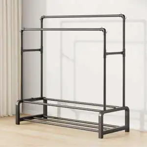 Cedar space 150 Double Rod Metal Clothes Storage Rack Plastic Base Rust-proof Saving Modern Living Room Coat Rack Stand Clothes Caps Bags