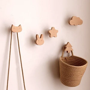 Creative Style Solid Wood Adhesive Hook Cute Animal Cartoon Moon Design for Nordic Wall Decoration Living Room