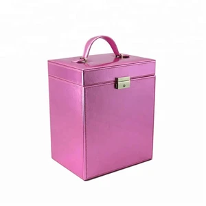 Pink Faux Leather Cosmetic Box with Mirror and Lock Multi-Compartment Makeup Organizer with Handle