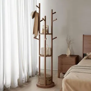 US Stock Solid Wood Rotary Freestanding Coat Rack with 3 Shelves 9 Hooks for Bedroom Entryway Living Room (Walnut) ZHYJ001