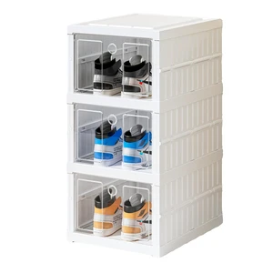 No Assembly 3-Tier Foldable Collapsible Plastic Shoe Storage Organizer Box Injection-Molded Rectangle Shape Rack