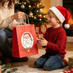 Christmas Custom Printed Kraft Paper Gift Bags Eco Friendly Recyclable Wholesale Xmas Holiday Candy Present Packaging Bags