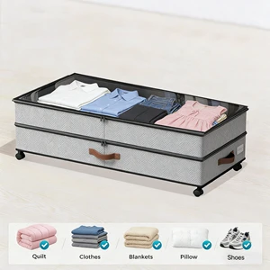 Authentic Under Bed Storage Organizer with Clear Zippered Lid, Foldable Underbed Drawers on 6 Wheels, Space Saving Clothes Shoes