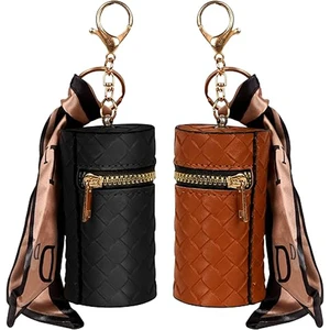 Lipstick Organizer Case Boho Braided Vegan Leather Scarf Accent Cylindrical Lip Gloss Travel Holder with Zipper Keychain Hook