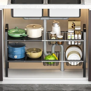 Adjustable Under Sink Storage Rack Extendable Carbon Steel Cabinet Organizer Telescopic Kitchen Shelving Storage Rack Basket