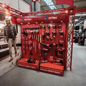 OEM Custom Metal Pegboard Tool Display Hardware Shops Rack Shelf Power Tools Display Stand Tools Rack With LED Lighting Headerc