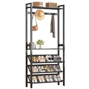 Space-saving Metal 4-Layer Integrated Shoe & Coat Rack Household Storage for Small Narrow Doorway Behind the Door