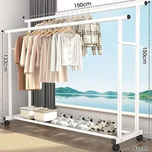 Double Rod Metal Coat Rack Organizer with Wheels and Shelf Clothes Drying Rack for Bedroom Living Room & Bathroom Modern Design