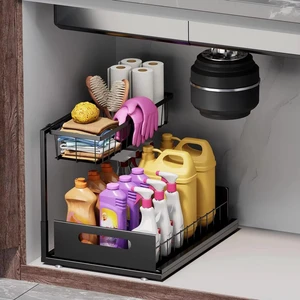 Kitchen Pull-Out 2 Tiers Cabinet Drawer with Sliding Drawers Over Sink Spice Kitchenware Organizer Storage Shelf Rack