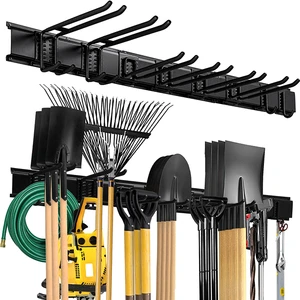 JH-Mech Garden Tool Organizer Rack With 8 Adjustable Hooks 48 Inch Wall Mount Steel Heavy Duty Garage Garden Tool Organizer