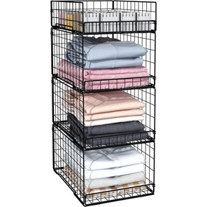 4 Tier Metal Stackable Foldable Wardrobe Organizer Wire Storage Basket Bin Container for Clothing
