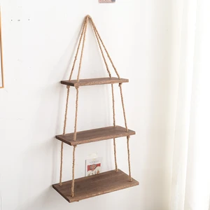 Factory Custom 3 Tier Wood Hanging Shelf Jute Rope Organizer Rack Floating Wall Swing Storage Shelves