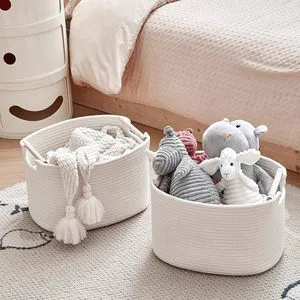 Amaz0n Hot Selling Quality White Color Woven Basket Foldable Children Toys Organizer Cotton Rope Storage Baskets