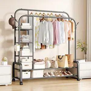 Multifunctional Thickened Metal Coat Rack with Double Storage Shelves Rust-Proof for Bedroom Balcony Use for Hanging Bags