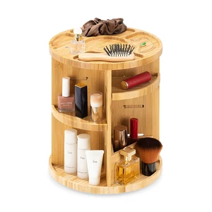 Multi-function Desktop Bathroom 360 Degree Rotating Wood Bamboo Cosmetic Makeup Storage Organizer for Brushes Lotions