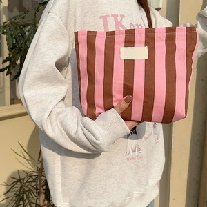 Custom Logo Cute Contrast Color Stripe Storage Bags Cosmetic Bag Makeup Case Canvas Clutch Purse Bags for Women