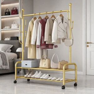 Thickened Design Balcony Storage Metal Floor-Standing Double-Tier Coat and Hat Rack coat rack with Wheels