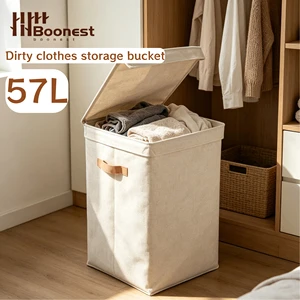 Linen Laundry Hamper With Lid, Large Collapsible Laundry Basket With Fabric Handles, Foldable Dirty Clothes Storage Bin