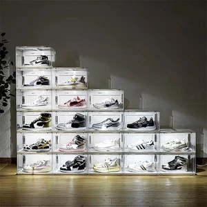 LED Light-Up Shoe Storage Box Voice-Activated Transparent Side Open Stackable Organizer with Classic Design for Office Use