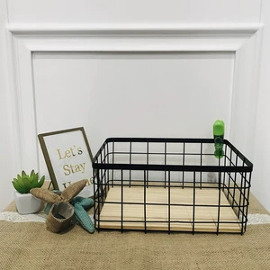 Hot Selling Square Black & White Metal Wire Storage Basket with Wood Base