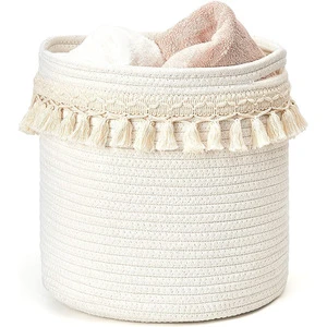 Cotton Rope Woven Storage Basket Handwoven Laundry Toy Organizer With Tassels