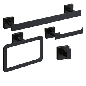 Matte Black Square Bathroom Hardware Set 4 Pcs Stainless Steel Towel Bar Toilet Paper Holder Towel Ring Robe Hook Wall Mounted