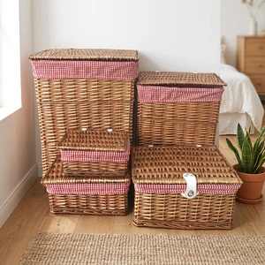 Set of 5 New Standing Wicker Eco-friendly Folk Art Laundry Hamper Storage Baskets with Lids and Lining for Clothing