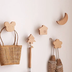 Creative Hook Animal Cute Japanese Style Solid Wood Adhesive Hook Cartoon Moon Clothes Hook Nordic Wall Decoration Handle Pull