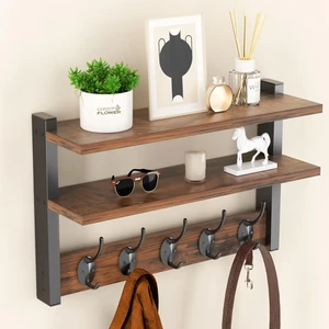 Two-Tier Heavy Duty Vintage Wall Mounted Coat Rack with Hooks and Shelf for Bathroom Living Room Spice Storage