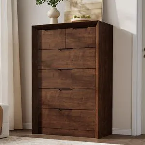 Tall Walnut Chest of Drawers 6 Drawer Vertical Dresser With Hidden Recessed Pull Handles Unique Panel & Thickened Frame