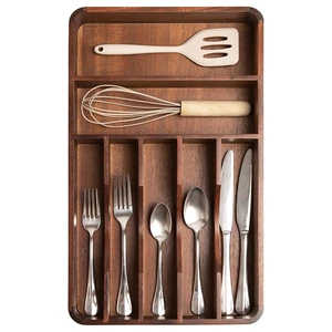 Cutlery Flatware Utensil Holder 7 Storage Compartments Rounded Corners Acacia Wood Silverware Organizer For Kitchen Drawers