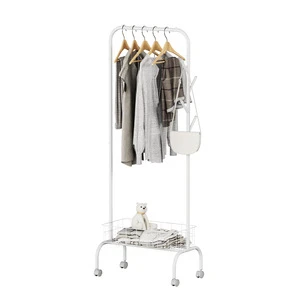 Factory Modern White Cloth Stand Multifunction Wheeled Coat Rack Basket Home Furniture Iron Storage Garment Rack for Hotel