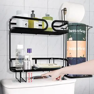 Modern Double Tier No Drill Toilet Tank Organizer Heavy Duty Black Metal Bathroom Shelf Toilet Paper Holder Paper Storage Basket