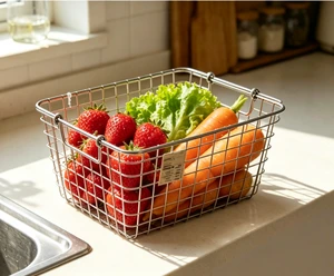 Durable 304 Stainless Steel Wire Mesh Basket Rustproof Storage Basket for Kitchen Vegetable Fruit Organizing