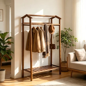 Wholesale Customizable Color Bamboo Garment Rack Clothes Rack Hanging Organizer Coat Rack Bottom Shelf Bathroom Storage Modern
