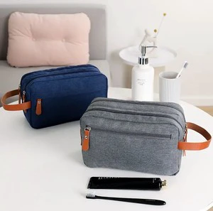 Custom Logo Men's Women's Double Layered Oxford Denim Preppy Patch Portable Travel Toiletry Bag Makeup Bag Cosmetic Bags