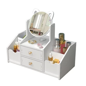 Nordic Makeup Organizer with Mirror for Vanity Countertop Dresser Cute Cosmetic Storage Box DIY Wood Skincare Display Case